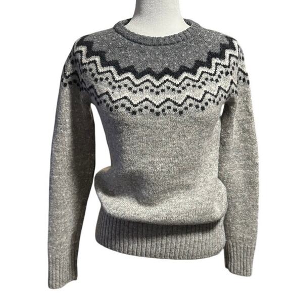 Scandinavian Wool Sweater Gray Fair Isle Pattern Elbow Patches Sweden (XS-S) - Picture 1 of 4